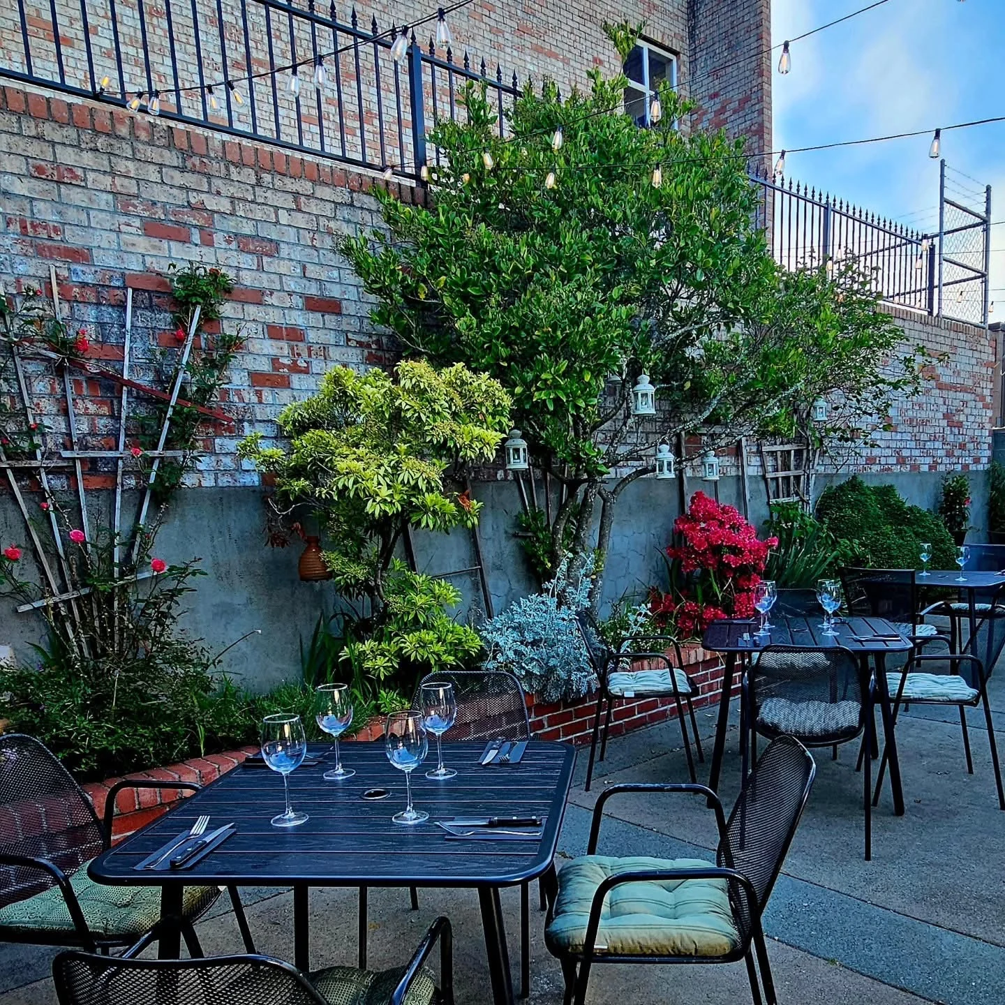 Outdoor tables with wine glasses beside plants, a brick wall and overhead string lights